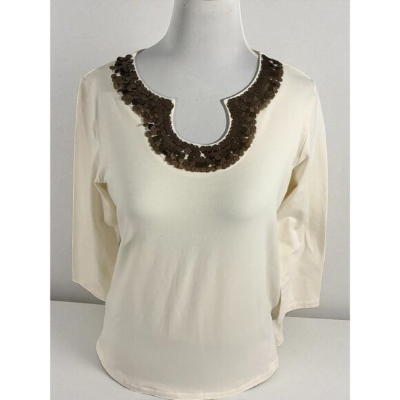 Ruby Rd Cream Quarter Sleeve Top Brown Sequin Embellished Neckline Size Medium - Picture 7 of 9